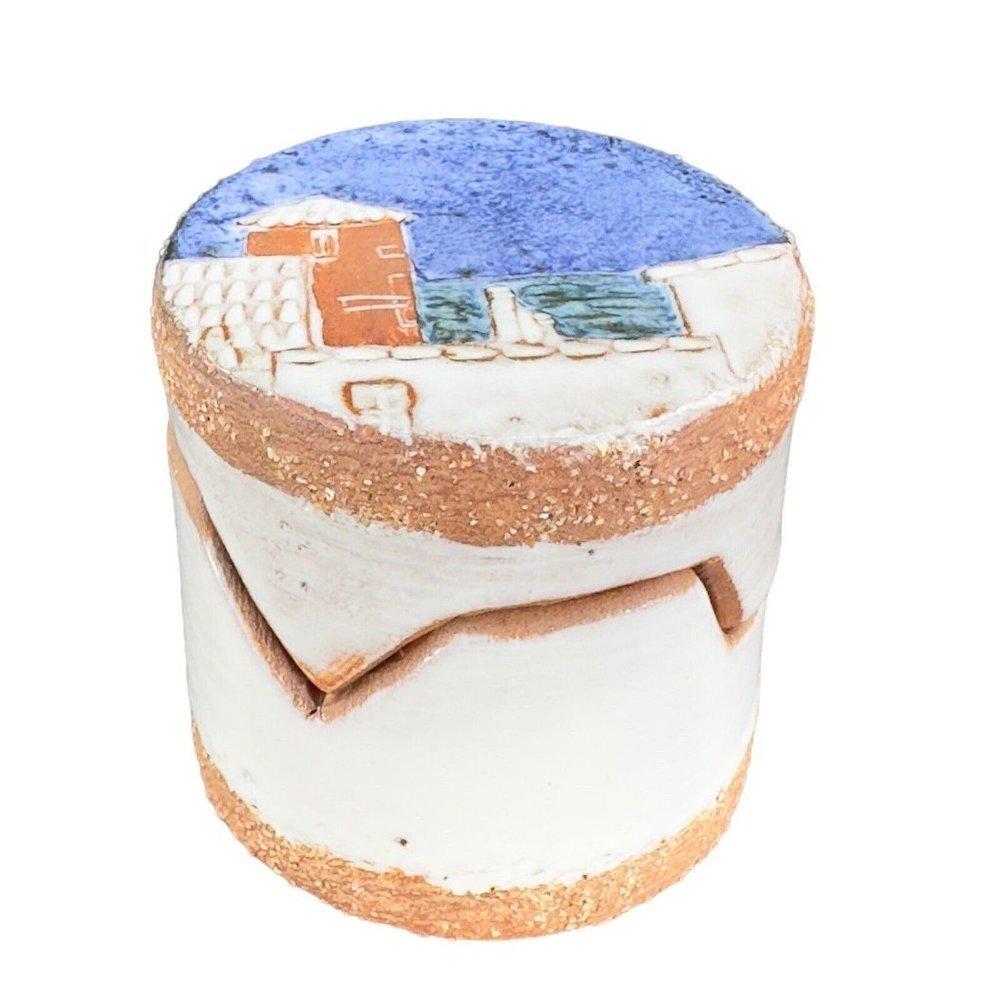 Vintage 1960s Pottery Trinket Box Jewelry Storage Signed Renaud Pottery Decor
